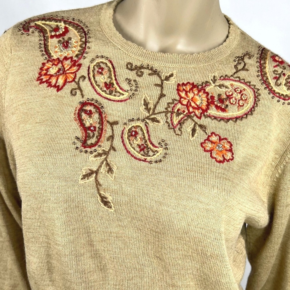 Vintage Medium ALFRED DUNNER Embroidered Knit Tan Sweater‎ Grandmacore - Picture 4 of 5